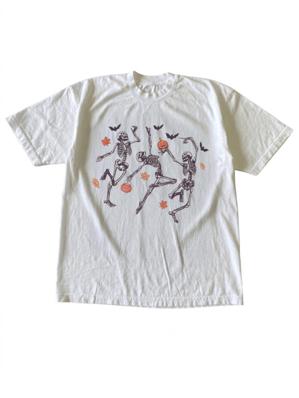 Dancing Skeletons Pumpkins Halloween White Spooky Graphic T-Shirt